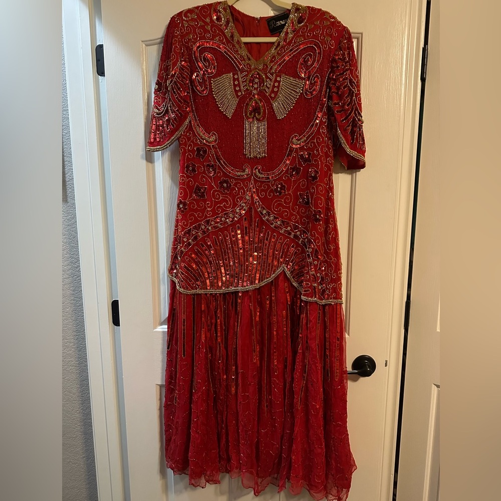 Red Sequin Embellished Gown with Puff Sleeves